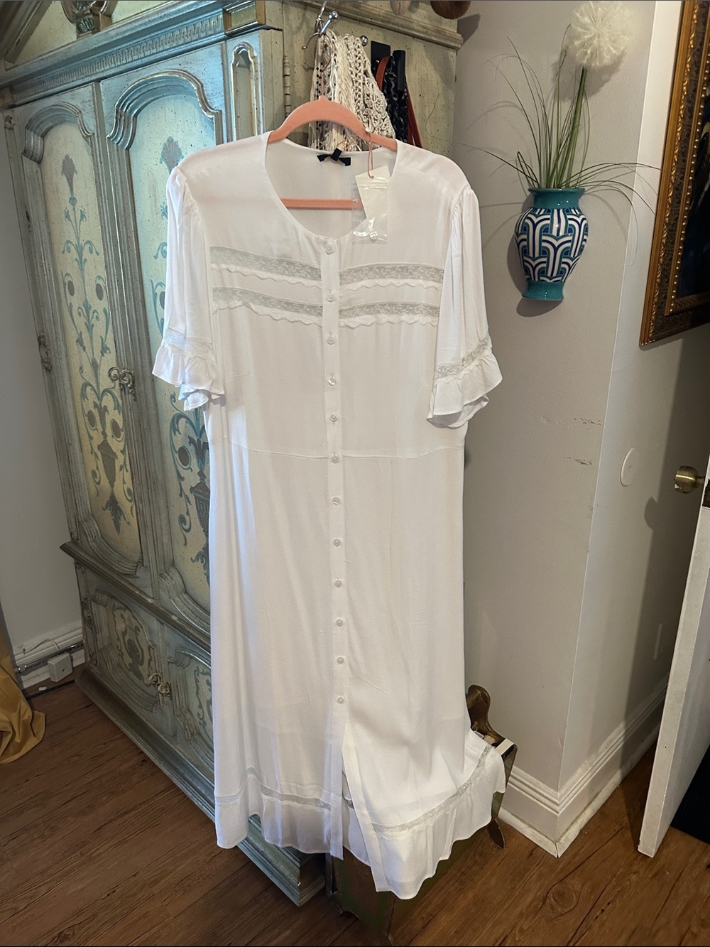 Quince White Lace-Trim Button Front Dress